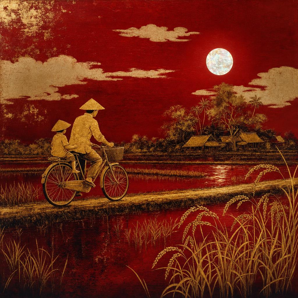 Tranh sơn mài: ba chở con qua đồng lúa
