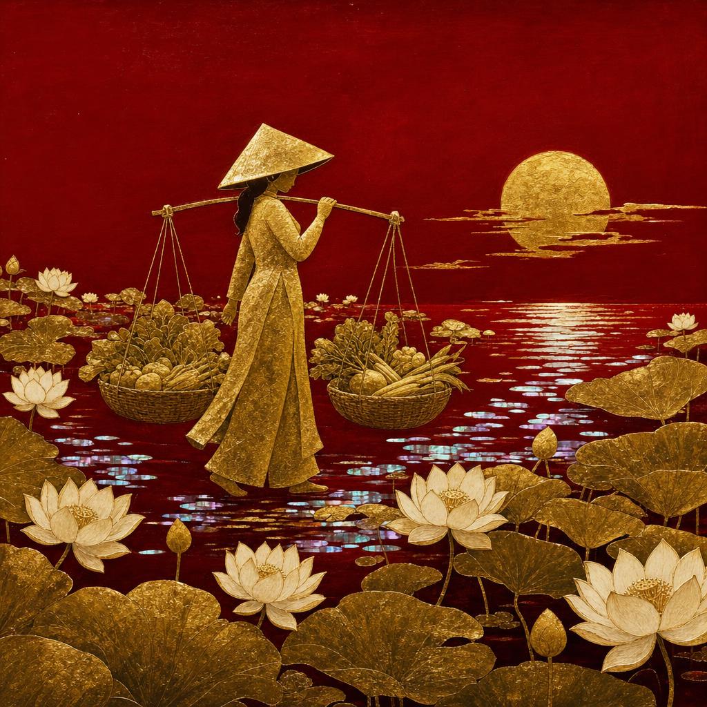 Tranh sơn mài: mẹ gánh hàng qua đầm sen